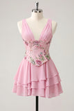 A-Line Pink Floral V-Neck Tiered Sequins Homecoming Dress with Lace Up Back