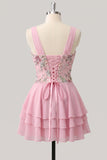 A-Line Pink Floral V-Neck Tiered Sequins Homecoming Dress with Lace Up Back