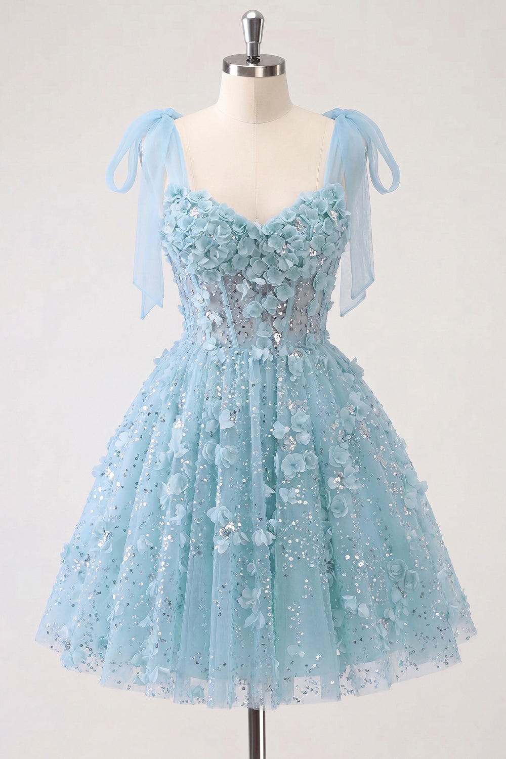 ZAPAKA Women Ice Blue A-Line Homecoming Dress with Lace Up Back Floral Sheer Corset Sequins Short Cocktail Dress, Light Blue / US6