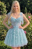 A-Line Floral Sheer Corset Sequins Homecoming Dress with Lace Up Back