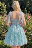 A-Line Floral Sheer Corset Sequins Homecoming Dress with Lace Up Back