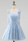 Light Blue A-Line Bowed Straps Beaded Floral Homecoming Dress with Lace Up Back