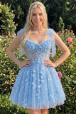 A-Line Floral Sheer Corset Sequins Homecoming Dress with Lace Up Back