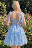 A-Line Floral Sheer Corset Sequins Homecoming Dress with Lace Up Back