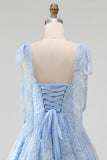 Light Blue A-Line Bowed Straps Beaded Floral Homecoming Dress with Lace Up Back