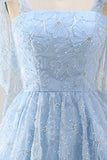 Light Blue A-Line Bowed Straps Beaded Floral Homecoming Dress with Lace Up Back