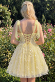 A-Line Floral Sheer Corset Sequins Homecoming Dress with Lace Up Back
