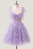 A-Line Floral Sheer Corset Sequins Homecoming Dress with Lace Up Back
