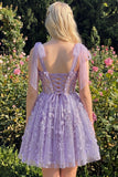 A-Line Floral Sheer Corset Sequins Homecoming Dress with Lace Up Back