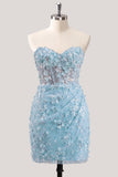 Bodycon Strapless Floral Sheer Corset Sequins Homecoming Dress with Lace Up Back