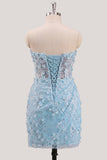 Bodycon Strapless Floral Sheer Corset Sequins Homecoming Dress with Lace Up Back