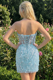 Bodycon Strapless Floral Sheer Corset Sequins Homecoming Dress with Lace Up Back