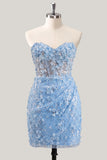 Bodycon Strapless Floral Sheer Corset Sequins Homecoming Dress with Lace Up Back