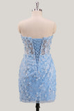 Bodycon Strapless Floral Sheer Corset Sequins Homecoming Dress with Lace Up Back