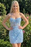 Bodycon Strapless Floral Sheer Corset Sequins Homecoming Dress with Lace Up Back