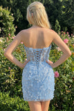 Bodycon Strapless Floral Sheer Corset Sequins Homecoming Dress with Lace Up Back