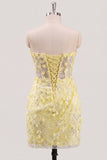 Bodycon Strapless Floral Sheer Corset Sequins Homecoming Dress with Lace Up Back