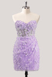 Bodycon Strapless Floral Sheer Corset Sequins Homecoming Dress with Lace Up Back