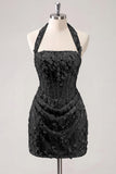 Light Yellow Bodycon Halter Neck Floral Corset Sequins Short Homecoming Dress