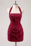 Light Yellow Bodycon Halter Neck Floral Corset Sequins Short Homecoming Dress