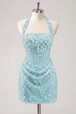 Light Yellow Bodycon Halter Neck Floral Corset Sequins Short Homecoming Dress