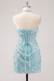 Light Yellow Bodycon Halter Neck Floral Corset Sequins Short Homecoming Dress