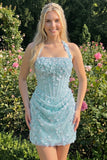 Light Yellow Bodycon Halter Neck Floral Corset Sequins Short Homecoming Dress
