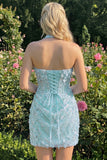 Light Yellow Bodycon Halter Neck Floral Corset Sequins Short Homecoming Dress