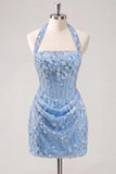Light Yellow Bodycon Halter Neck Floral Corset Sequins Short Homecoming Dress