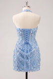 Light Yellow Bodycon Halter Neck Floral Corset Sequins Short Homecoming Dress