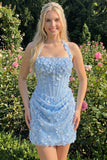 Light Yellow Bodycon Halter Neck Floral Corset Sequins Short Homecoming Dress