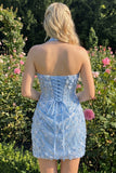 Light Yellow Bodycon Halter Neck Floral Corset Sequins Short Homecoming Dress