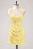 Light Yellow Bodycon Halter Neck Floral Corset Sequins Short Homecoming Dress