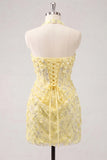 Light Yellow Bodycon Halter Neck Floral Corset Sequins Short Homecoming Dress