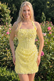 Light Yellow Bodycon Halter Neck Floral Corset Sequins Short Homecoming Dress