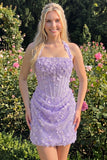 Light Yellow Bodycon Halter Neck Floral Corset Sequins Short Homecoming Dress