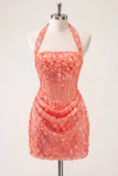 Light Yellow Bodycon Halter Neck Floral Corset Sequins Short Homecoming Dress