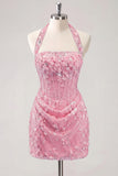 Light Yellow Bodycon Halter Neck Floral Corset Sequins Short Homecoming Dress