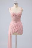 Pink Bodycon Corset Ruched Beaded Lace Up Back Homecoming Dress with Sash
