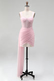 Pink Bodycon Corset Ruched Beaded Lace Up Back Homecoming Dress with Sash