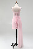 Pink Bodycon Corset Ruched Beaded Lace Up Back Homecoming Dress with Sash