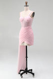 Pink Bodycon Corset Ruched Beaded Lace Up Back Homecoming Dress with Sash