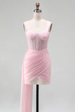 Pink Bodycon Corset Ruched Beaded Lace Up Back Homecoming Dress with Sash
