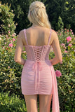 Pink Bodycon Corset Ruched Beaded Lace Up Back Homecoming Dress with Sash
