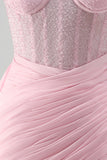 Pink Bodycon Corset Ruched Beaded Lace Up Back Homecoming Dress with Sash