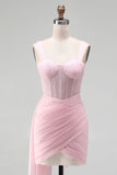 Pink Bodycon Corset Ruched Beaded Lace Up Back Homecoming Dress with Sash