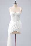 Pink Bodycon Corset Ruched Beaded Lace Up Back Homecoming Dress with Sash