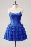 A-Line Pink Tiered Corset Sequins Homecoming Dress with Lace Up Back