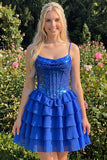 A-Line Pink Tiered Corset Sequins Homecoming Dress with Lace Up Back