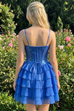 A-Line Pink Tiered Corset Sequins Homecoming Dress with Lace Up Back